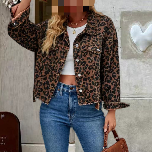 Damen Jeansjacke mit Leopardenmuster und lässigem Schnitt Drune