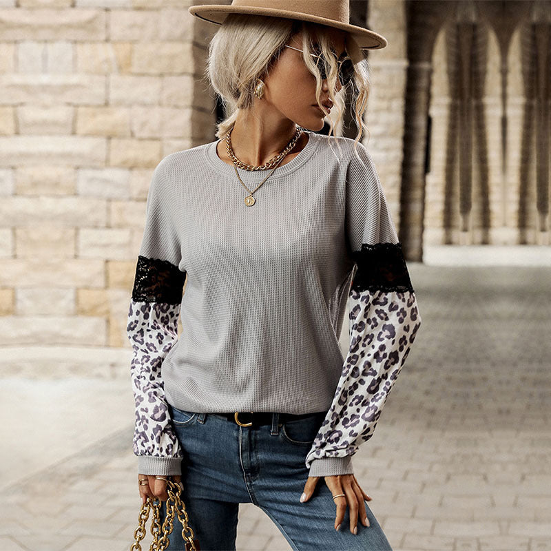Damen modischer Pullover mit floralen Spitzenärmeln und dezente Leopardenmuster Drune