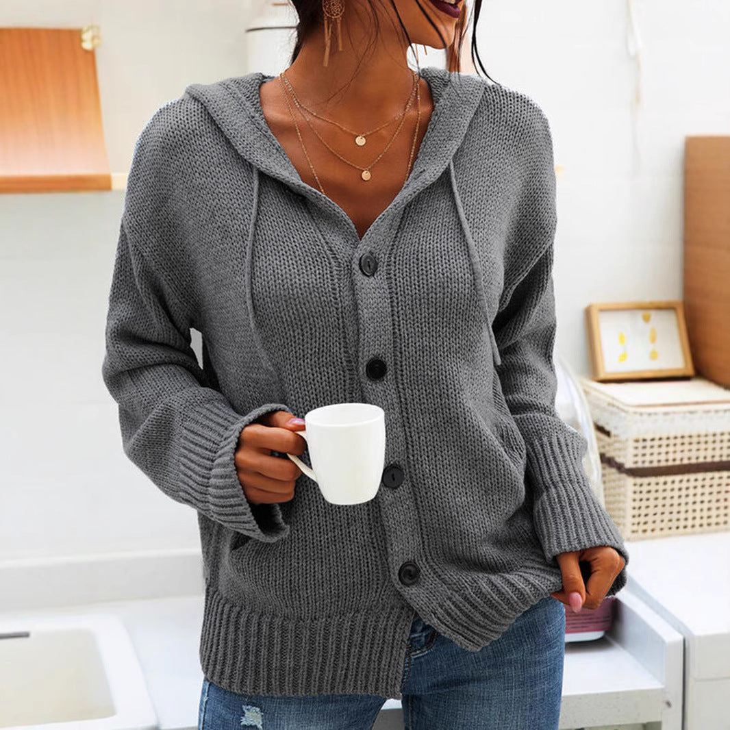 Damen bequeme Strickjacke mit Kapuze und Knopfverschluss Drune