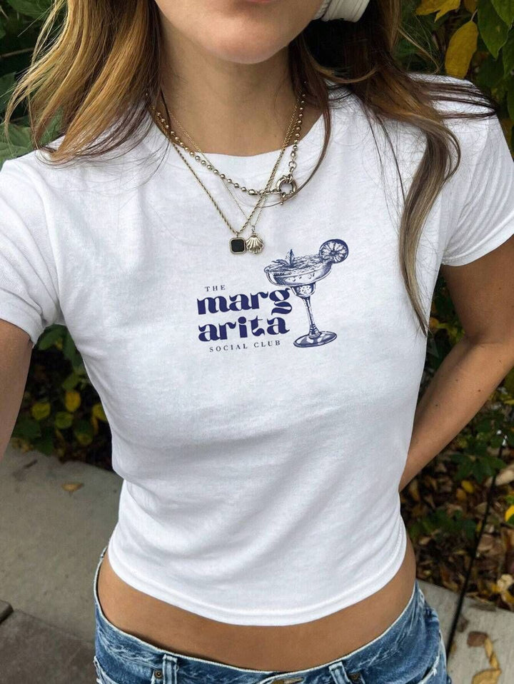 Damen Crop-T-Shirt mit kreativem Skelettdesign und inspirierendem Schriftzug Drune