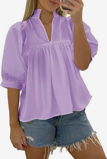Damen elegante kurzärmlige Bluse mit Rüschendetails und lässigem Schnitt Drune