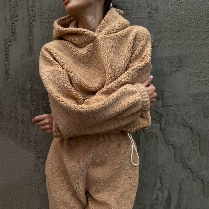 Damen Flauschiger Jumpsuit mit Kapuze und Gummizug Drune