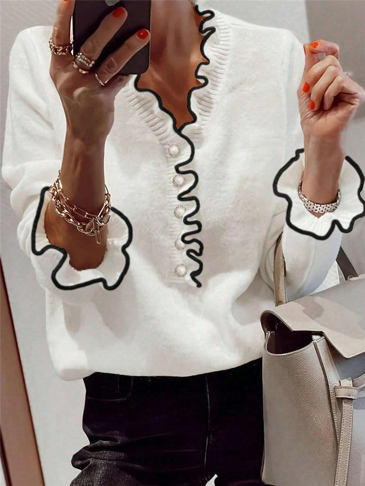 Damen Elegantes Sweatshirt mit Rüschendetails und Perlenknöpfen Drune