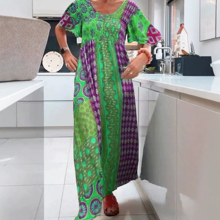 Damen nan Boho Maxikleid mit gesmoktem Oberteil und weitem Fließrock Drune