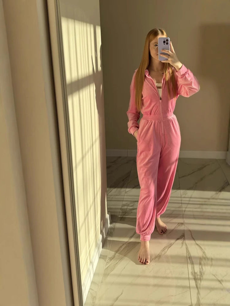 Damen weicher Fleece-Jumpsuit mit hohem Kragen und tailliertem Schnitt Drune