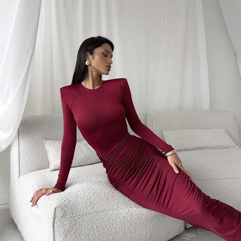 Damen Langarm-Raffkleid mit elegantem Schnitt und figurformenden Details Drune