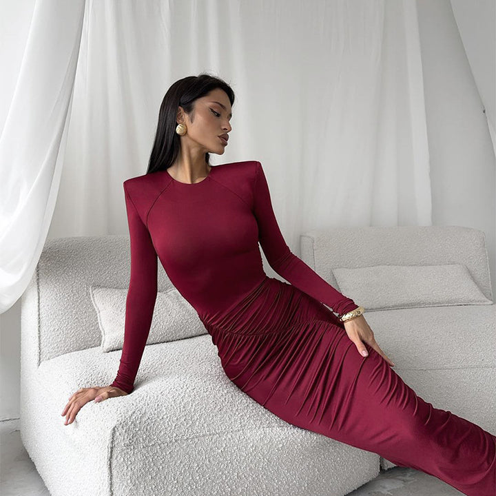 Damen Langarm-Raffkleid mit elegantem Schnitt und figurformenden Details Drune