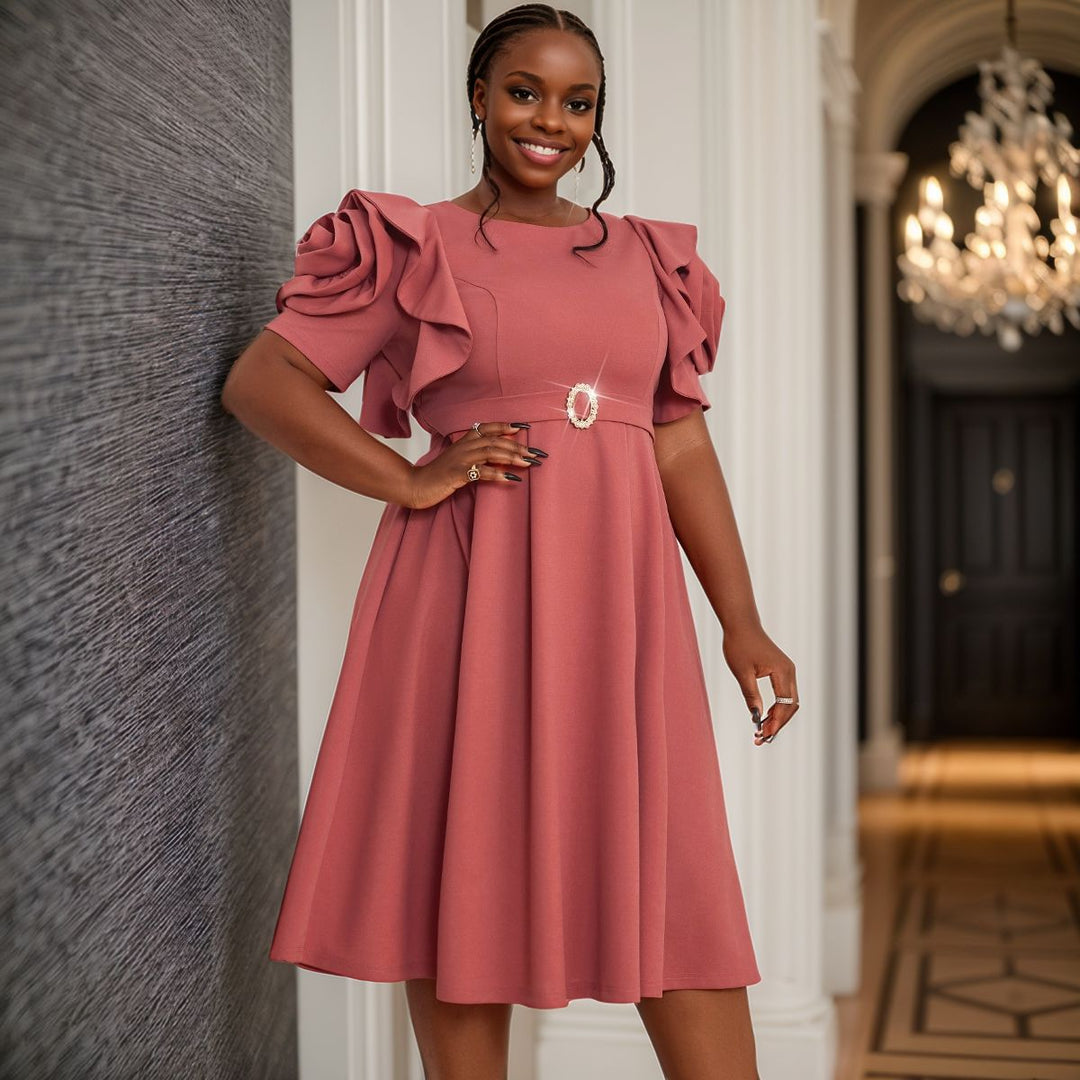 Damen Elegantes Midi-Kleid mit voluminösen Rüschenärmeln und funkelndem Schmuckdetail Drune