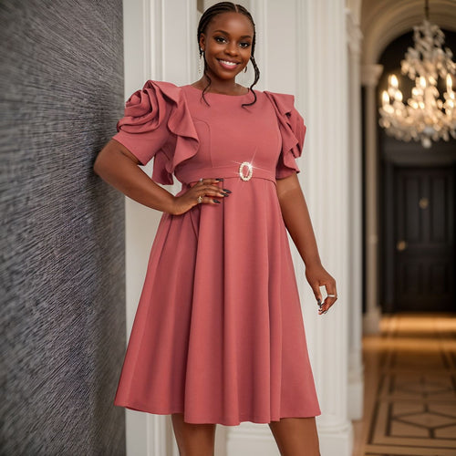 Damen Elegantes Midi-Kleid mit voluminösen Rüschenärmeln und funkelndem Schmuckdetail Drune