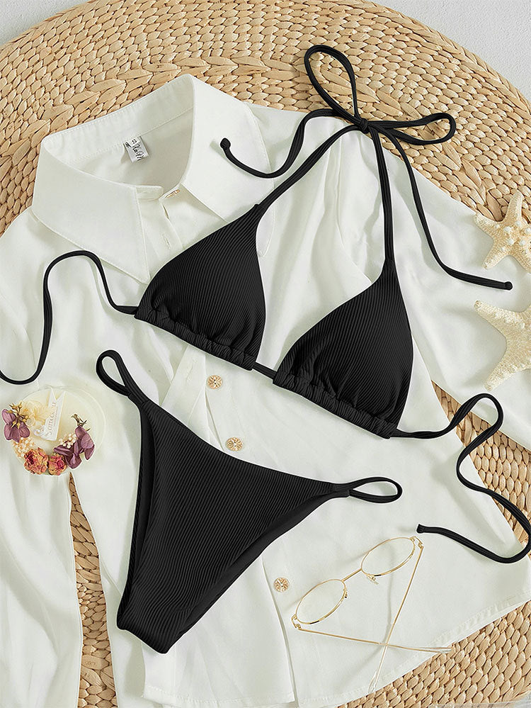 Damen Triangel-Bikini mit anpassbaren Bindebändern und modischem Ripp-Design Drune