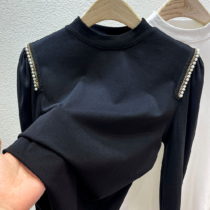 Damen elegantes Longsleeve-Oberteil mit besonderen Perlenapplikationen Drune