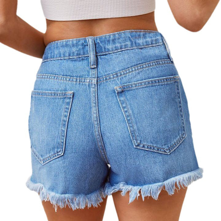 Damen Hohe Taille Denim-Shorts mit ausgefransten Säumen und Destroyed-Effekten Drune