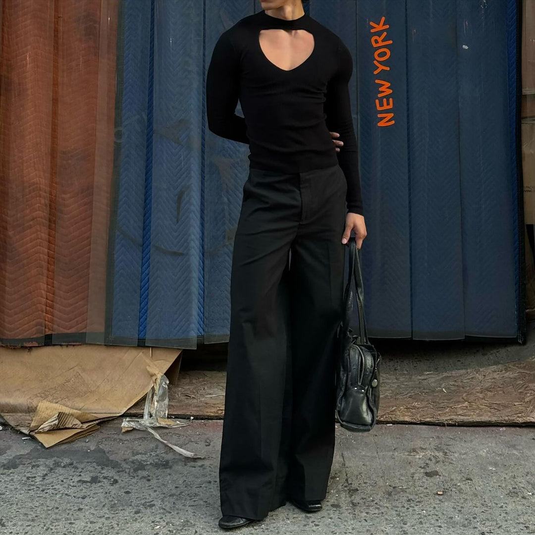 Damen nan figurbetontes Langarm-Top mit Cut-Out und Stehkragen Drune