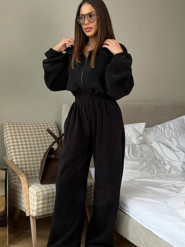 Damen modischer Fleece-Jogginganzug mit Halb-Reißverschluss und elastischem Bund Drune