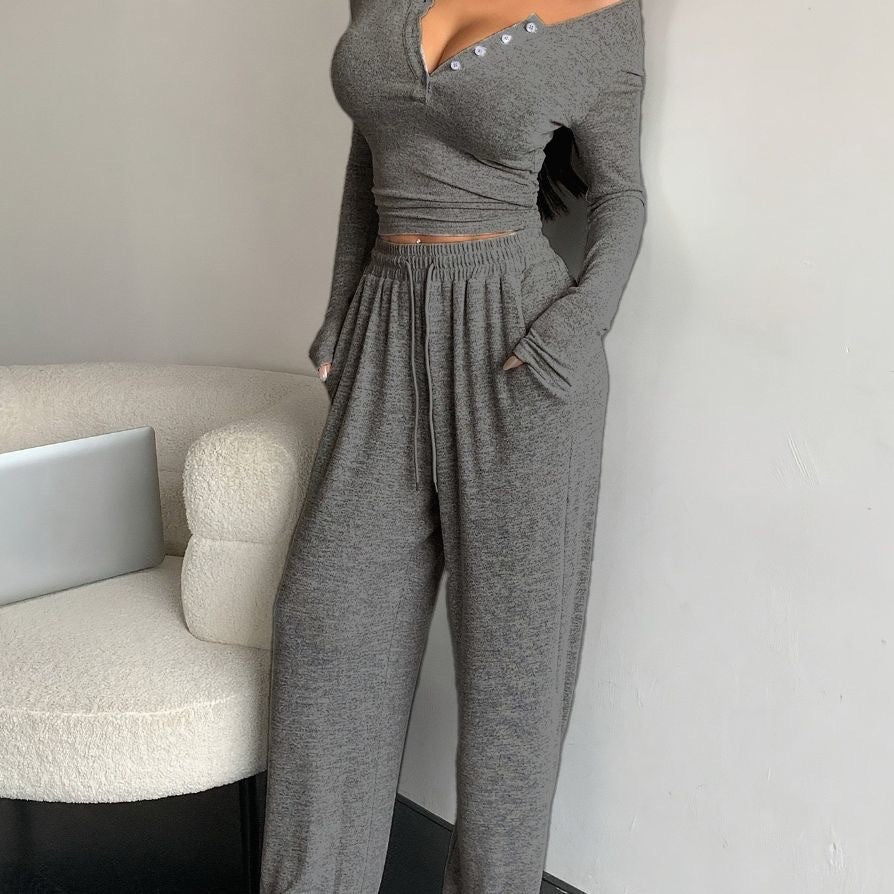 Damen lässiges Lounge-Set mit Knopfdetails und elastischem Bund Drune