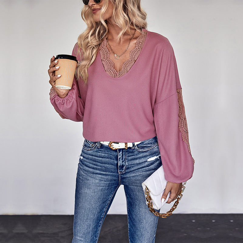 Damen Bluse mit Spitzenakzenten und lässigem V-Ausschnitt Drune