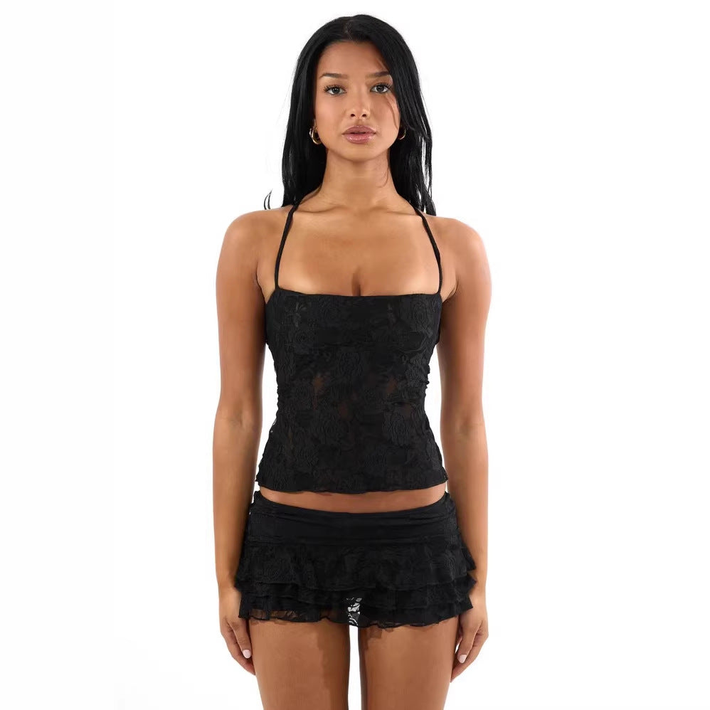 Damen Spaghetti-Träger Crop-Top mit Spitzenmuster Drune