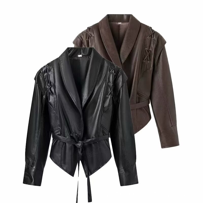 Damen modische Kunstlederjacke mit Taillengürtel und stylishen Schnürdetails Drune
