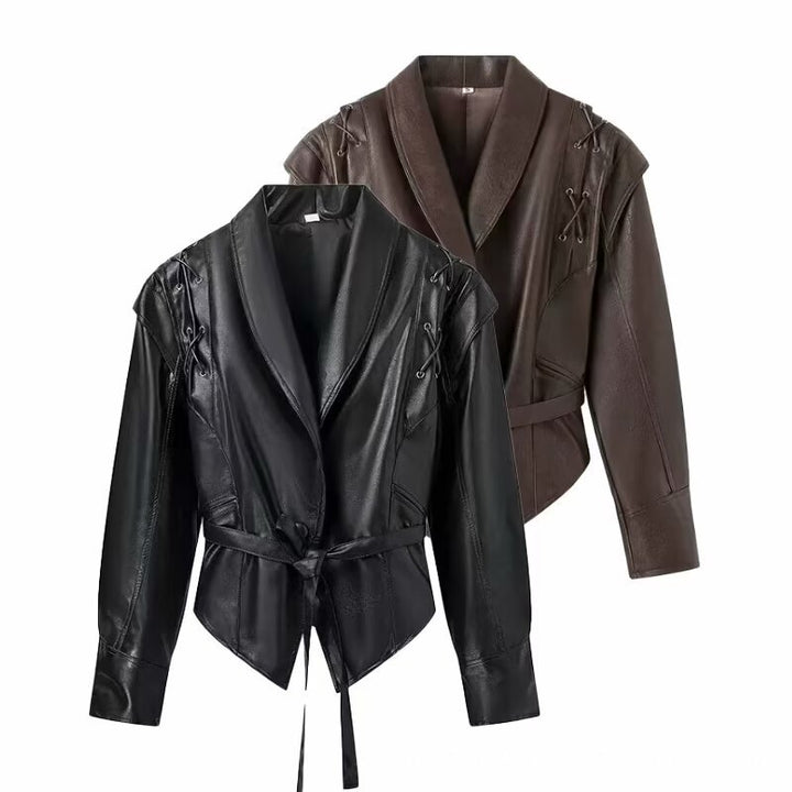Damen modische Kunstlederjacke mit Taillengürtel und stylishen Schnürdetails Drune