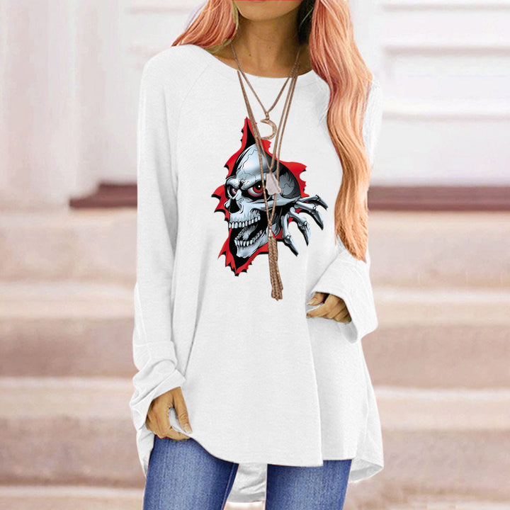 Damen Langarmshirt mit kreativem Skelett-Design und lässigem Schnitt Drune