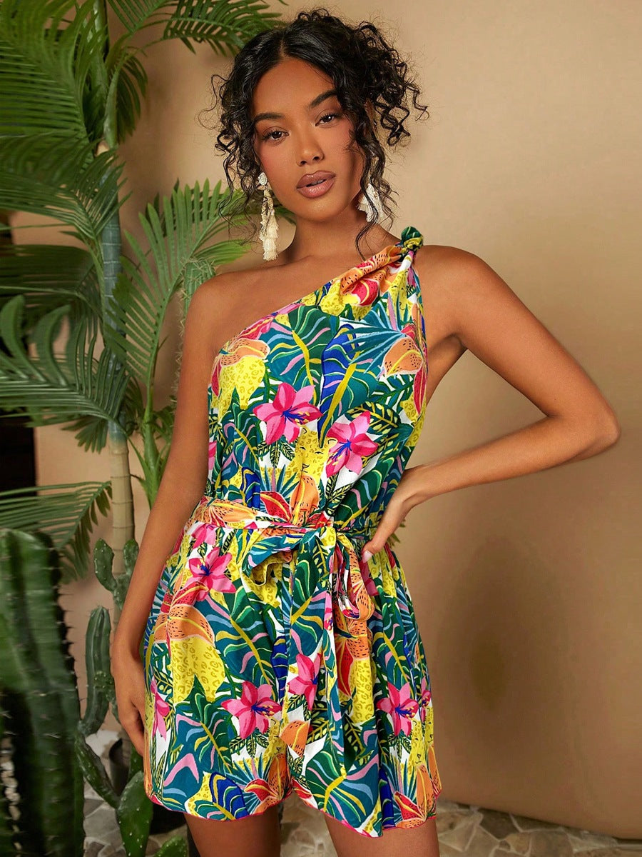 Damen Ein Schulter Playsuit mit floralem Muster und Taillengürtel Drune