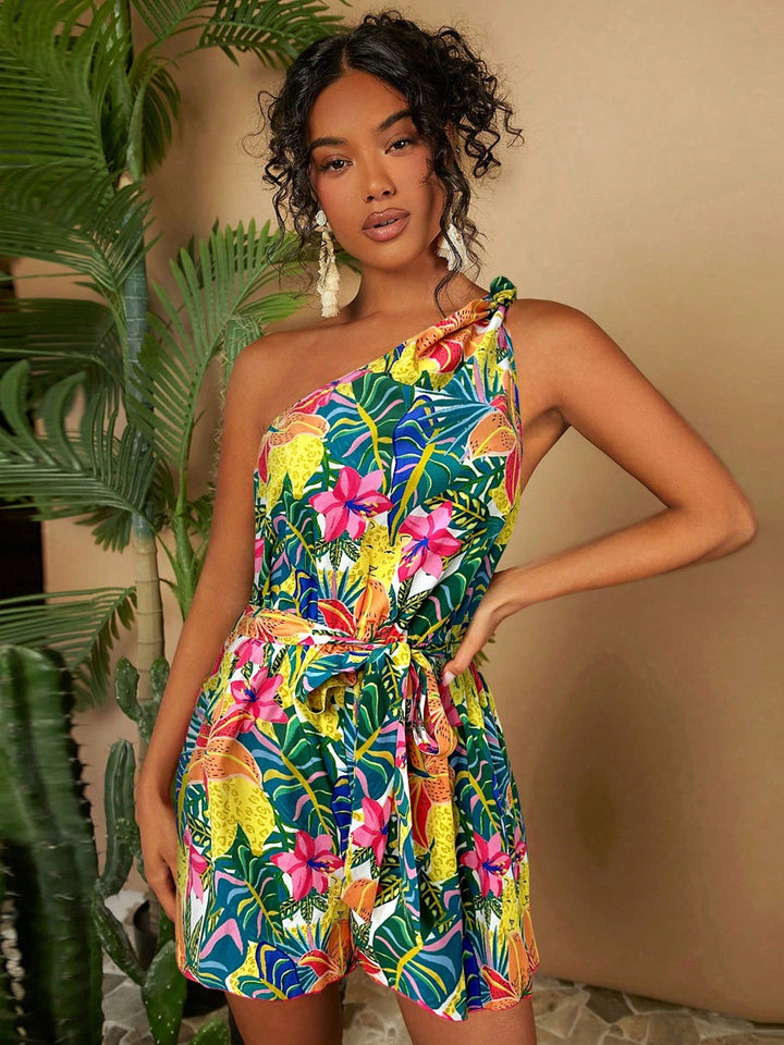 Damen Ein Schulter Playsuit mit floralem Muster und Taillengürtel Drune
