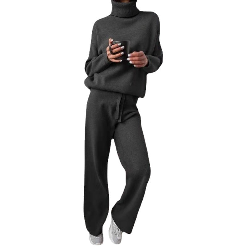 Damen elegantes Strick-Loungewear-Set mit hohem Kragen und weitem Bein Drune