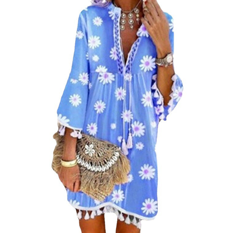 Damen Strandkleid mit floralen Motiven und Quastenverzierungen Drune