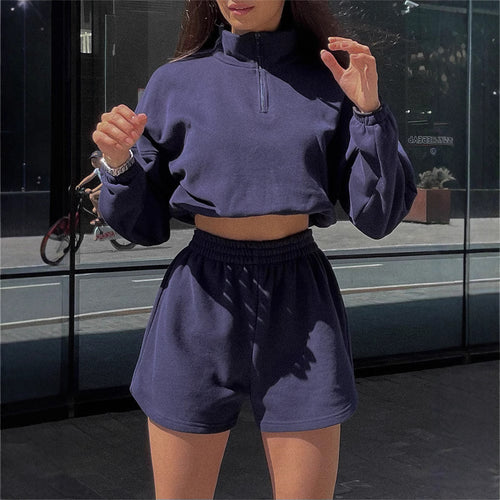 Damen Sportliches Cropped-Kapuzenoberteil mit kurzen Hosen Drune
