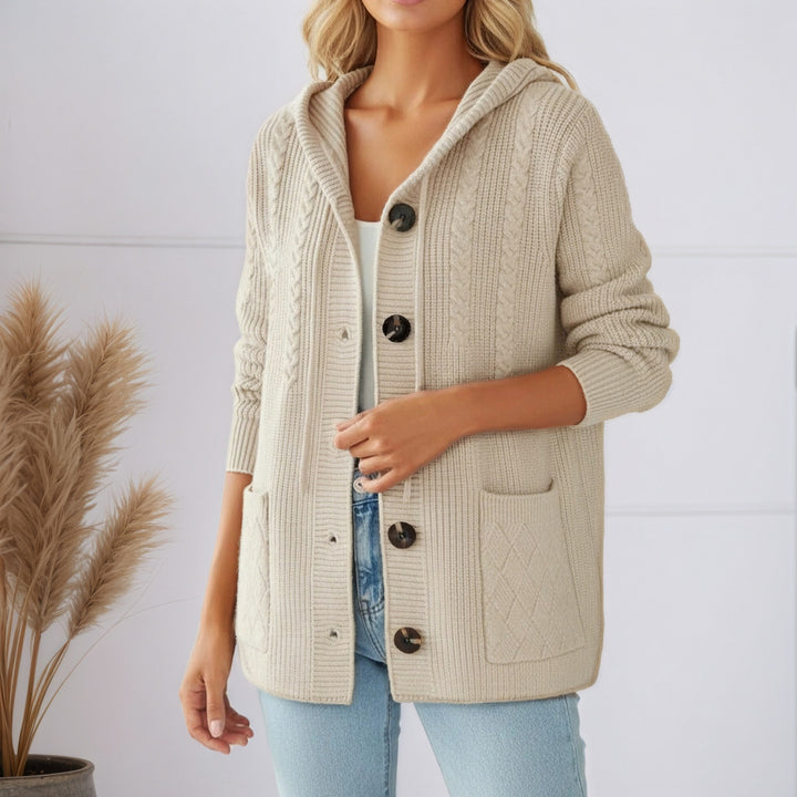 Damen nan gerippter Kapuzen-Strickcardigan mit Zopfmuster, großen Holzknöpfen und aufgesetzten Taschen Drune