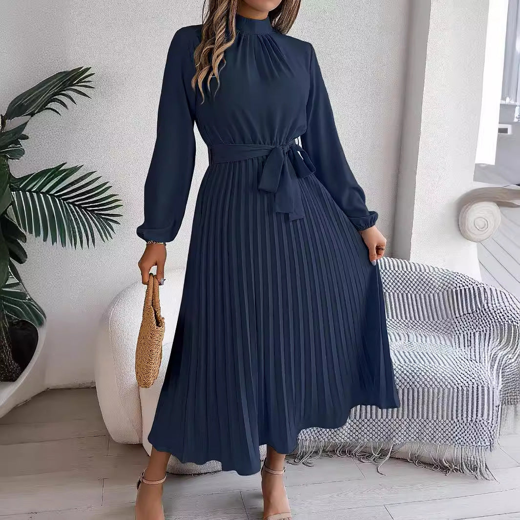 Drune | Elegante Stehkragen Taillierter Plissierter Langer Rock kleines Kleid