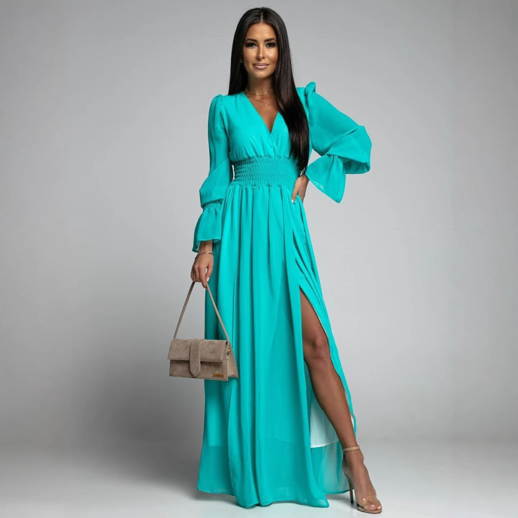 Damen Maxi-Kleid mit tiefem V-Ausschnitt und voluminösen Ärmeln Drune