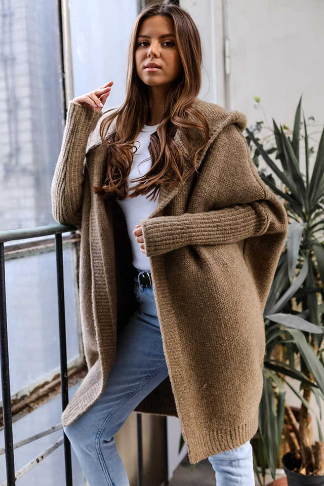 Damen Kuschelige Strickjacke mit Kapuze Drune