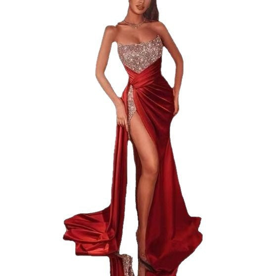 Damen Glamouröses Abendkleid mit schimmerndem Oberteil und verführerischem Schlitz Drune