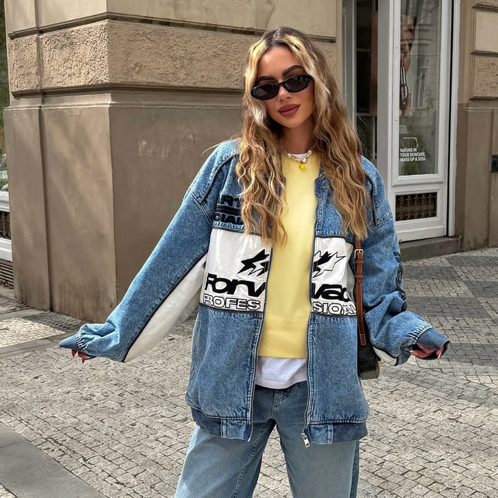 Damen Oversized Denim-Jacke mit kontrastreichen Applikationen und modernem Schnitt Drune