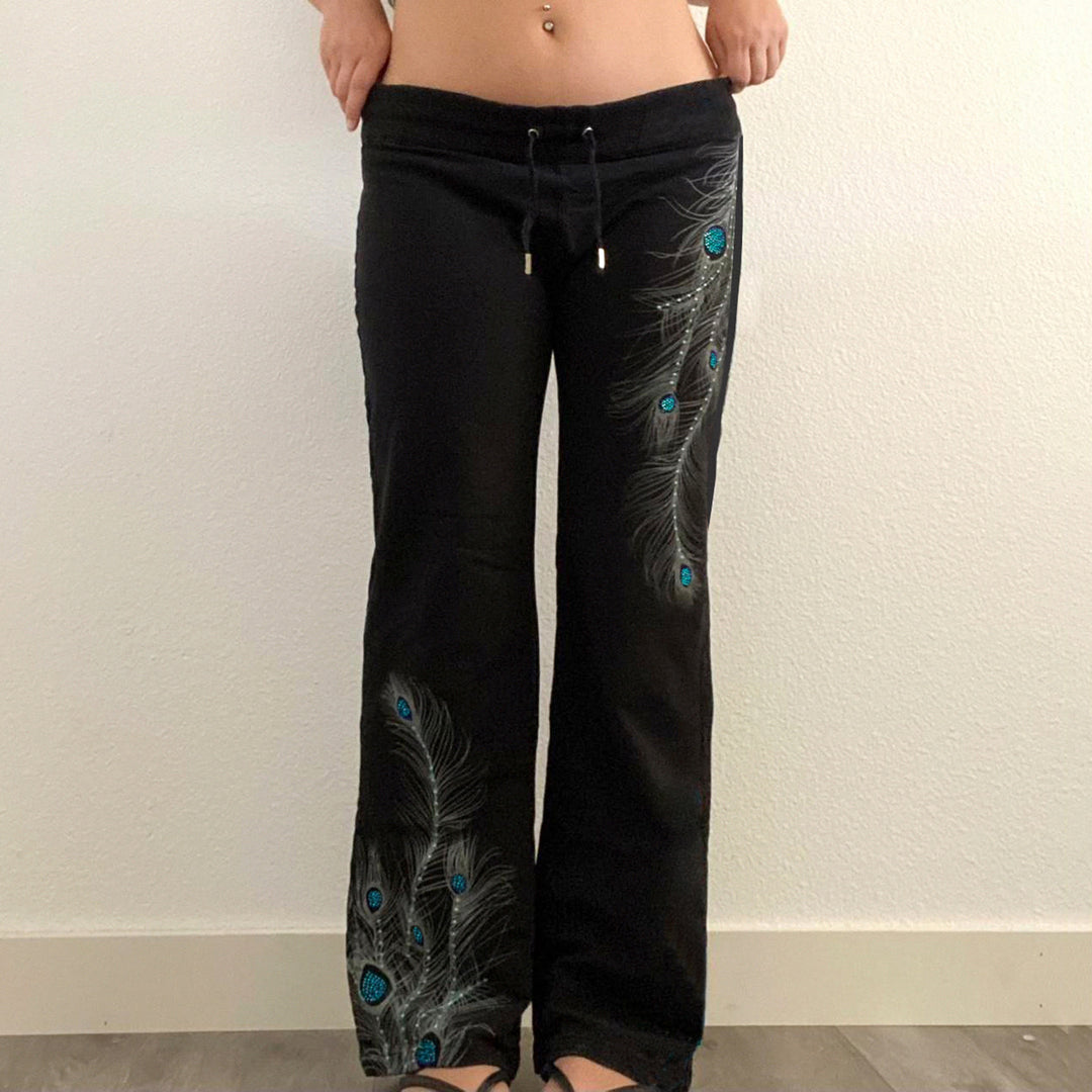 Damen nan weite Loungehose mit Kordelzug, hohem Komfortbund und Pfauenfeder-Print Drune