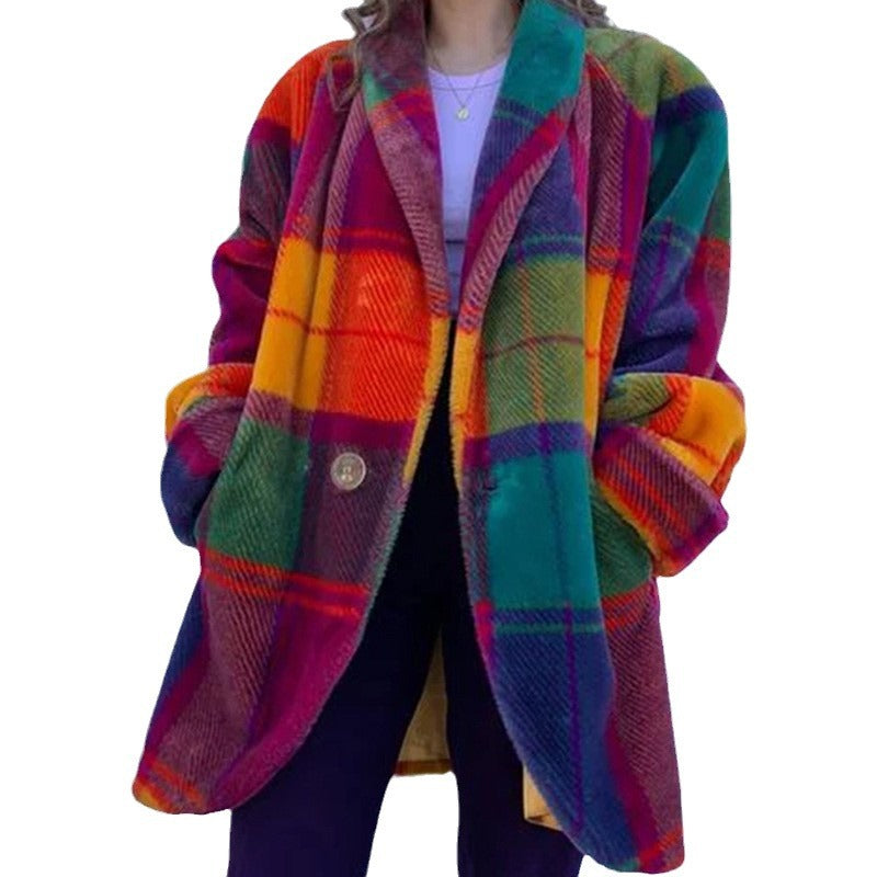 Damen Gemusterter Oversized Mantel mit Karodesign und weichem Material Drune