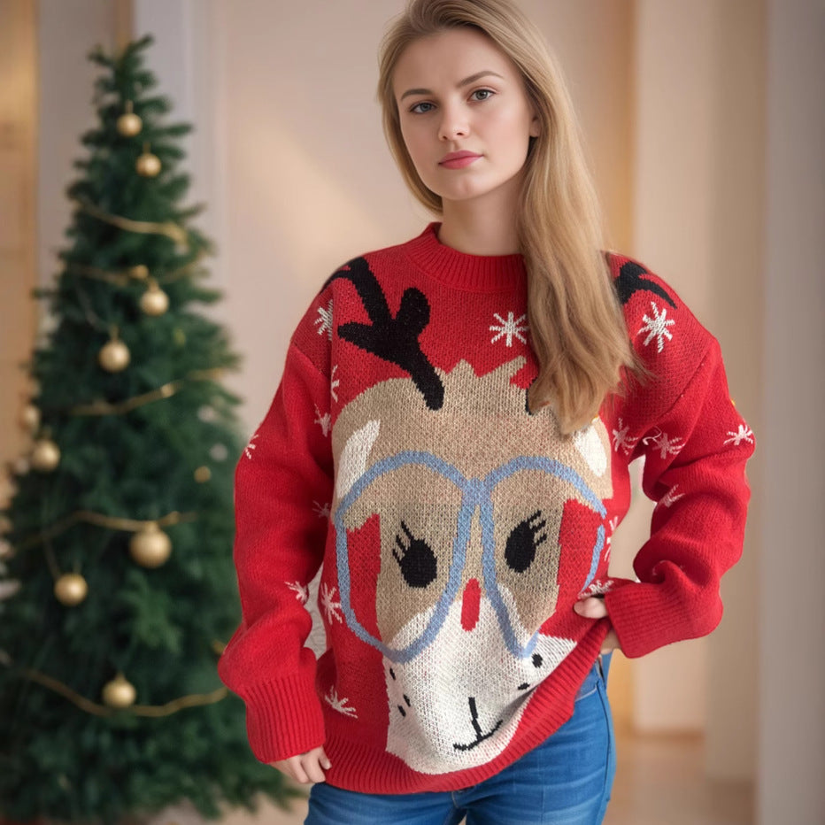 Damen festlicher Pullover mit weihnachtlichem Rentier-Motiv und lockerer Passform Drune