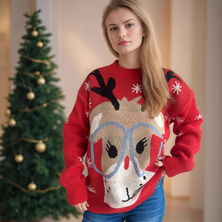 Damen festlicher Pullover mit weihnachtlichem Rentier-Motiv und lockerer Passform Drune