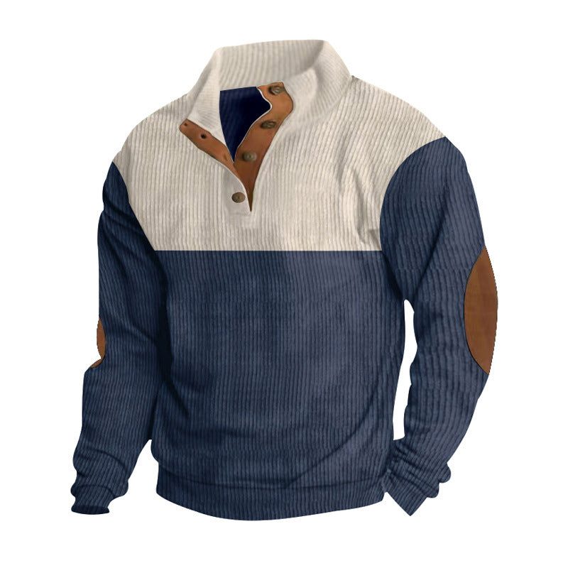 Herren nan Rippenstrickpullover mit Stehkragen Knopfleiste und Leder-Ellbogenpatches Drune