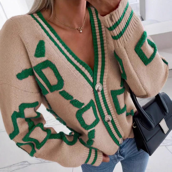 Damen modischer Cardigan mit einzigartigem geometrischen Muster und trendiger Knopfleiste Drune