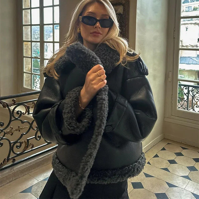 Damen Modische Winterjacke mit Kunstfellkragen Drune
