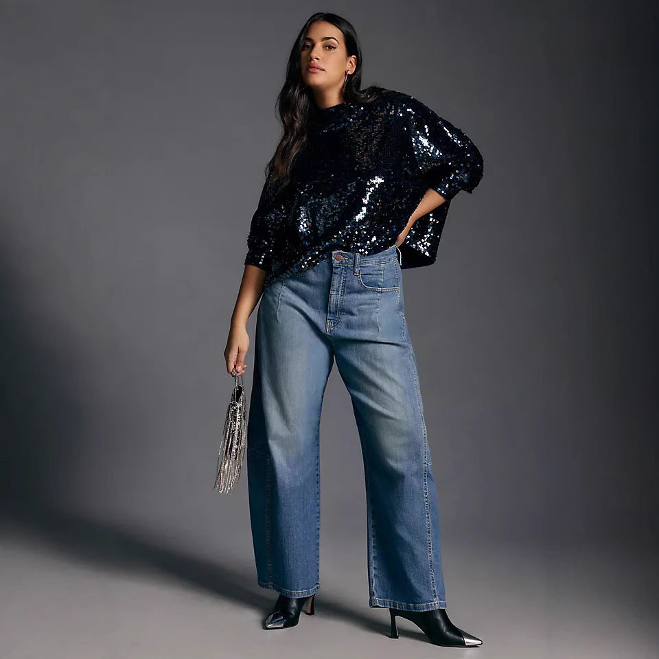 Damen weite Denim-Hose im modernen Schnitt mit hohem Bund Drune
