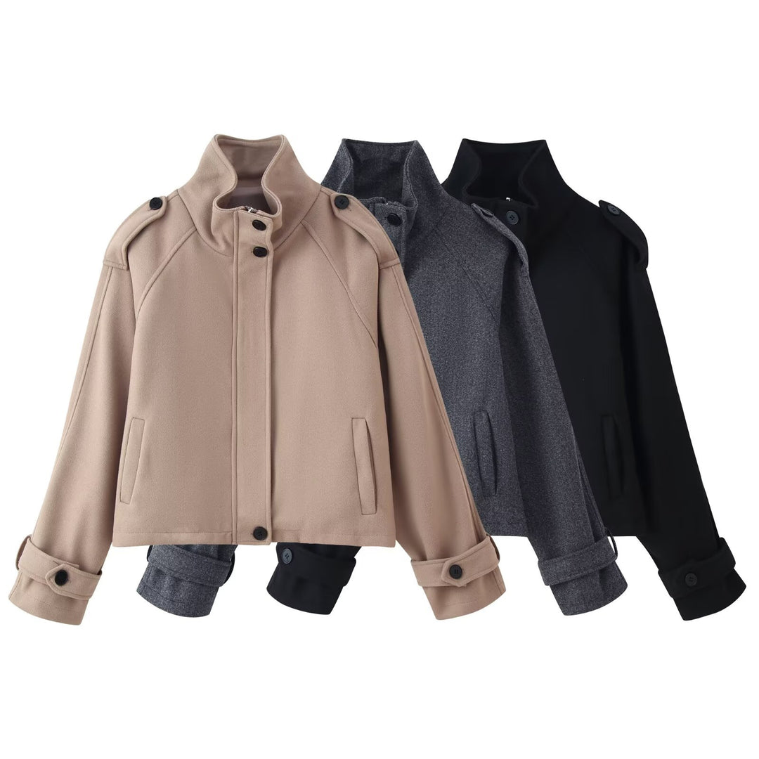 Damen nan kurze Wolljacke mit Stehkragen, Schulterklappen, verdeckter Knopfleiste und verstellbaren Manschetten Drune