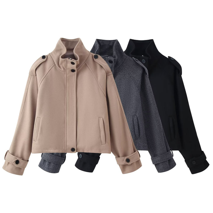 Damen nan kurze Wolljacke mit Stehkragen, Schulterklappen, verdeckter Knopfleiste und verstellbaren Manschetten Drune