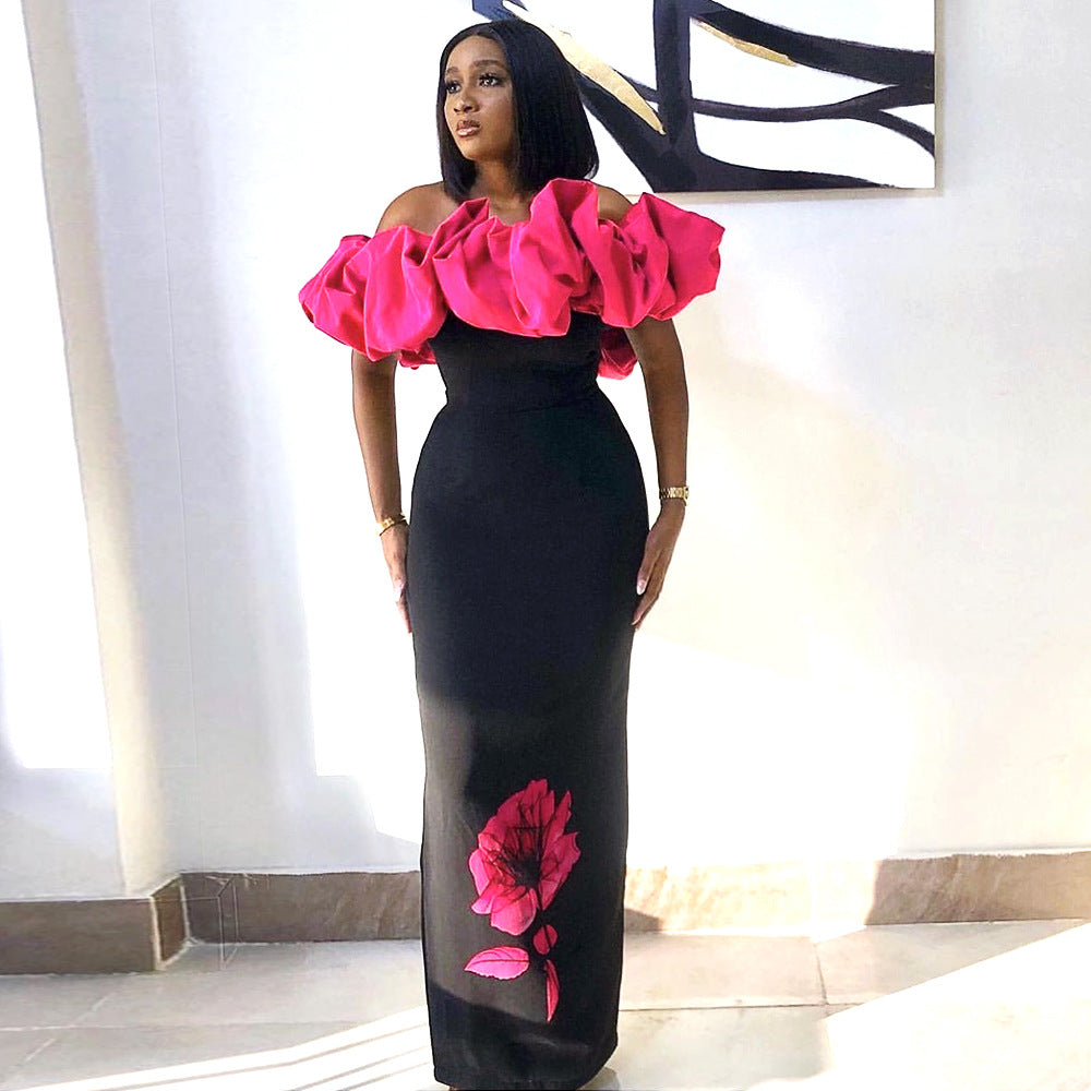 Damen elegantes Maxikleid mit voluminösem Rüschenkragen und floralem Print Drune
