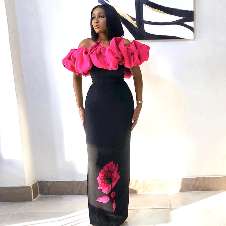 Damen elegantes Maxikleid mit voluminösem Rüschenkragen und floralem Print Drune