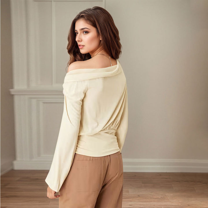 Damen elegantes Off-Shoulder Oberteil mit drapiertem Design und Raffung Drune