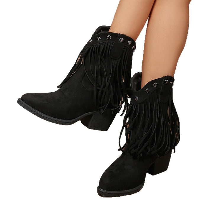 Damen  Cowboy-Ankle-Boots aus Veloursleder mit Fransen und Nietenbesatz mittelhoher Blockabsatz Drune