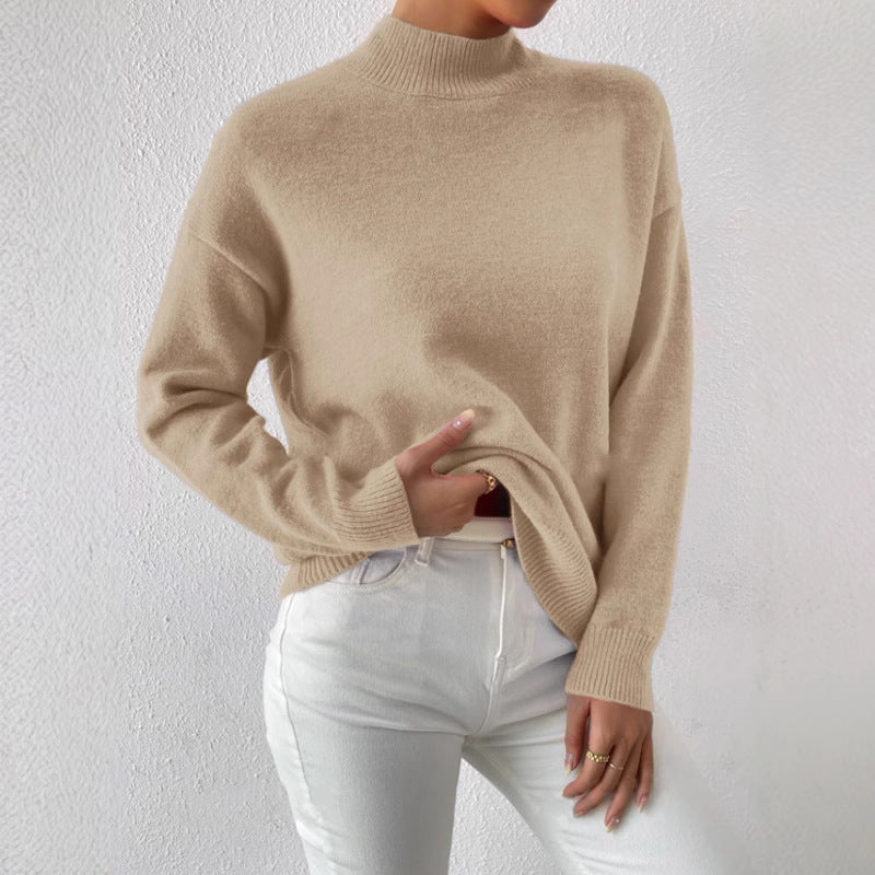 Damen Strickpullover mit hohem Kragen und feiner Textur Drune